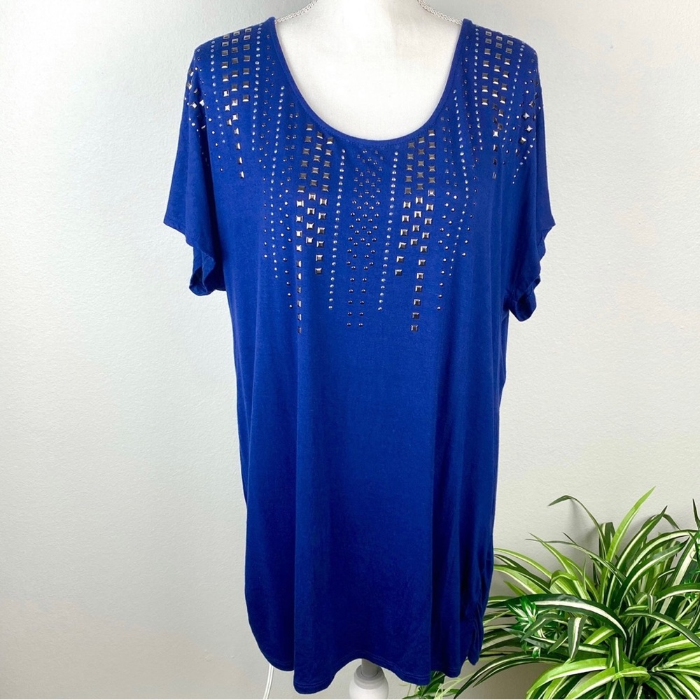 Plus Size 1X Blue Embellished Scoop Neck Ruch Sides Faded Glory EUC